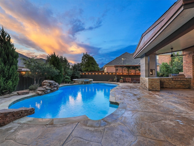 pool at dusk featuring a patio area, an outdoor kitchen, an in ground hot tub, a gazebo, and grilling area