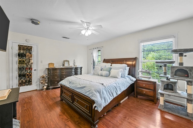 bedroom featuring dark wood-type flooring, ceiling fan, and multiple windows