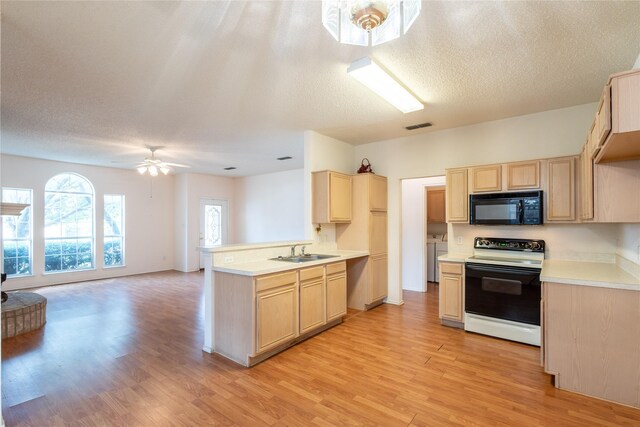 kitchen featuring light hardwood / wood-style floors, sink, ceiling fan, and white electric stove