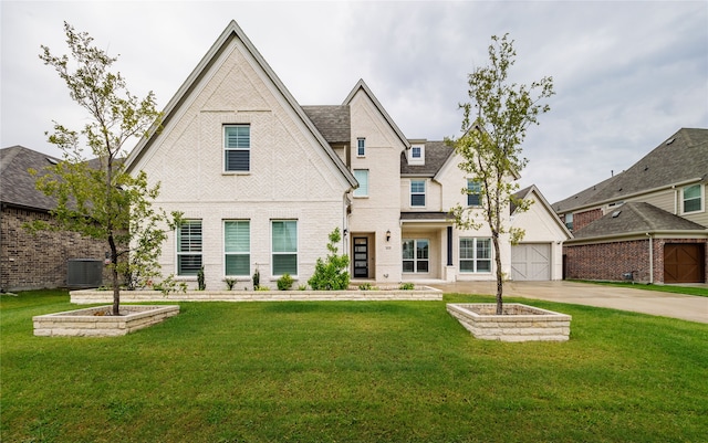 view of front of home with central AC unit and a front lawn