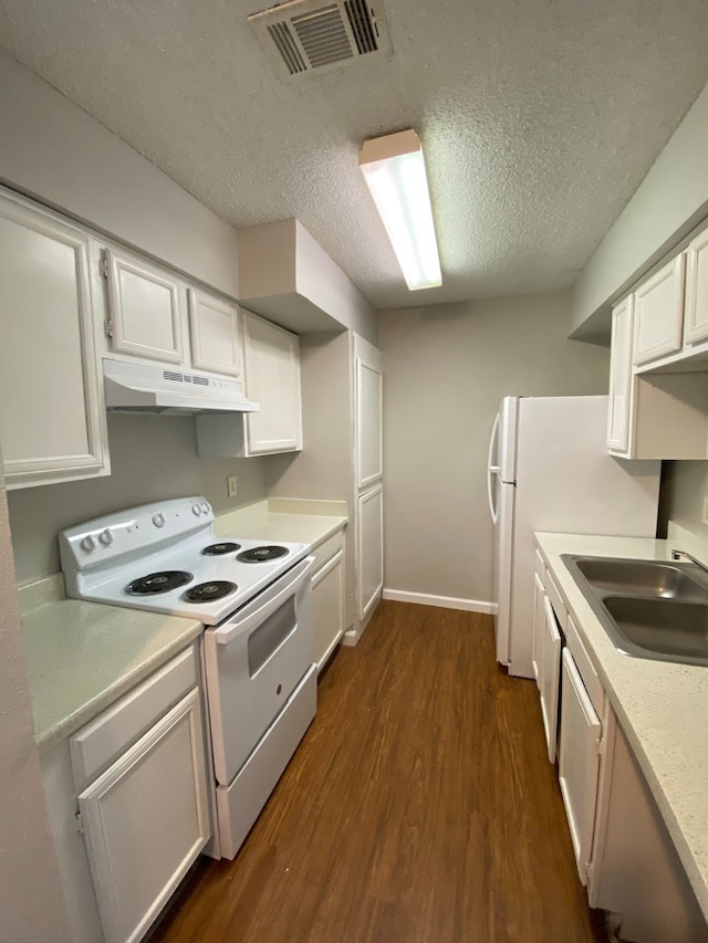 kitchen with a textured ceiling, white range with electric stovetop, white cabinets, and dark hardwood / wood-style floors