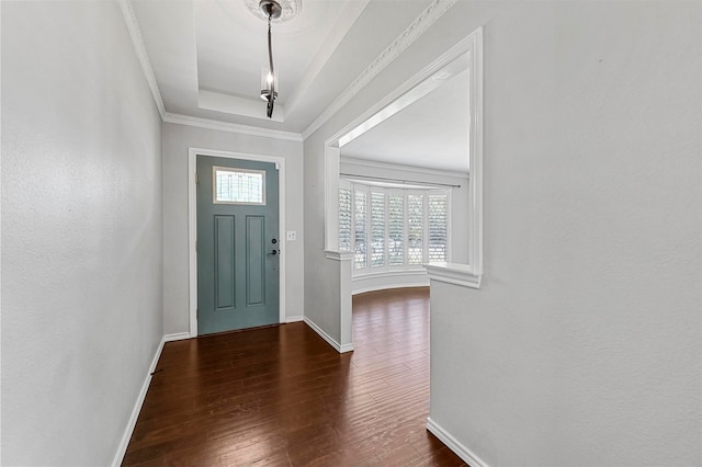 entrance foyer with ornamental molding, a tray ceiling, dark wood finished floors, and baseboards