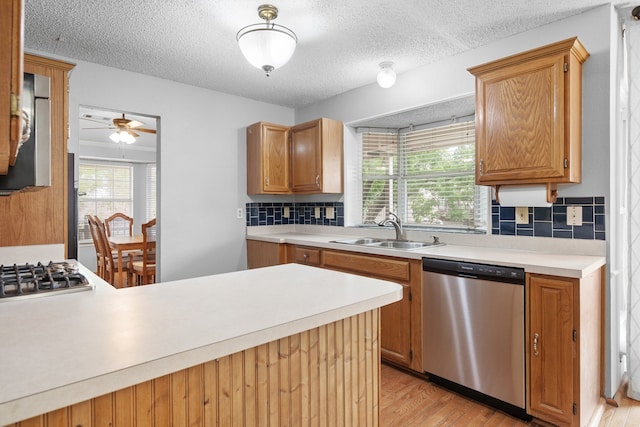 kitchen featuring appliances with stainless steel finishes, backsplash, light hardwood / wood-style floors, and sink