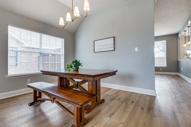 dining room featuring vaulted ceiling, a healthy amount of sunlight, a textured ceiling, and light wood-type flooring