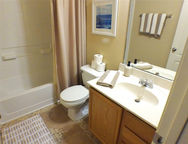 full bathroom with tile patterned flooring, vanity, toilet, and shower / bathtub combination with curtain