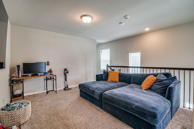 living room with a textured ceiling and carpet