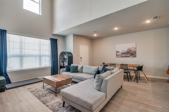 living room with plenty of natural light and light hardwood / wood-style flooring