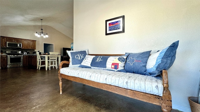 living room with lofted ceiling and a notable chandelier