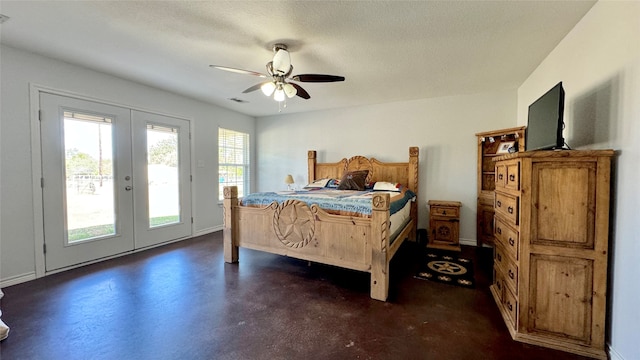 bedroom with ceiling fan, french doors, and access to outside