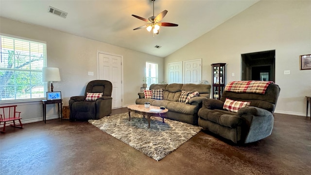 living room featuring high vaulted ceiling, a wealth of natural light, and ceiling fan