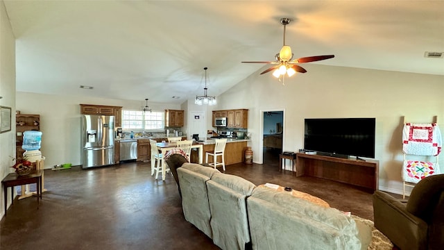 living room featuring vaulted ceiling and ceiling fan