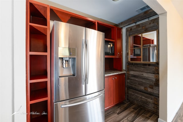 kitchen with stainless steel fridge and stainless steel refrigerator with ice dispenser