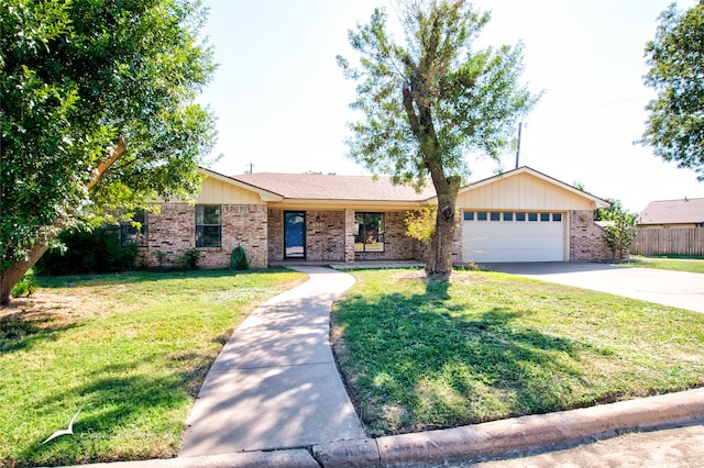 ranch-style home featuring a garage and a front yard