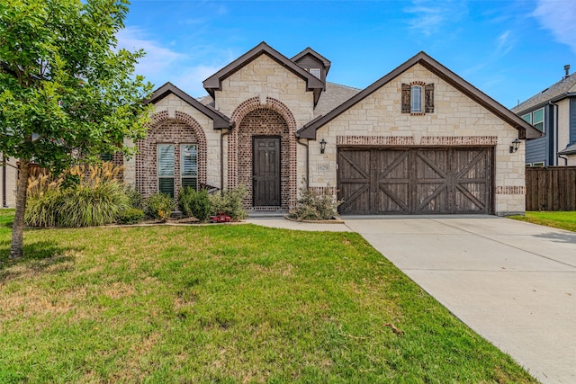 view of front of home featuring a front yard and a garage