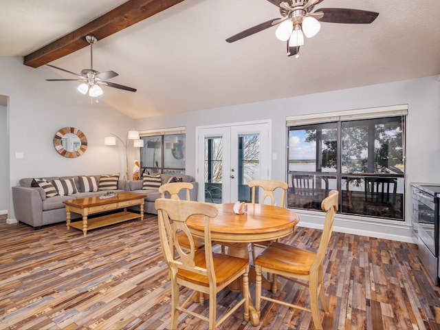 dining area featuring hardwood / wood-style floors, ceiling fan, plenty of natural light, and lofted ceiling with beams