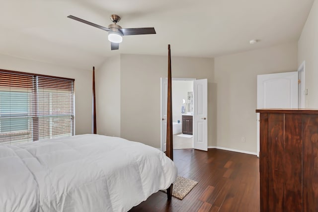 bedroom with dark wood-type flooring and ceiling fan