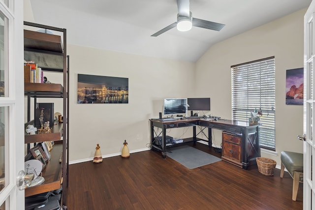 office featuring dark wood-type flooring, vaulted ceiling, and ceiling fan