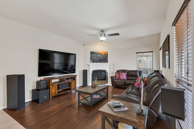 living room with ceiling fan and dark hardwood / wood-style floors