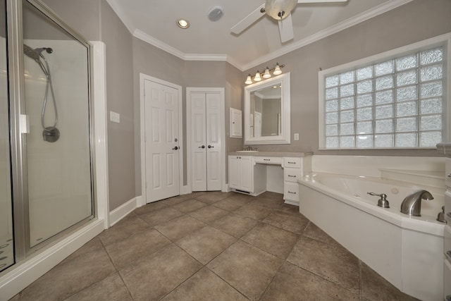 bathroom with tile patterned floors, ornamental molding, vanity, independent shower and bath, and ceiling fan