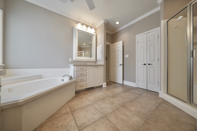 bathroom with separate shower and tub, tile patterned floors, vanity, ceiling fan, and ornamental molding