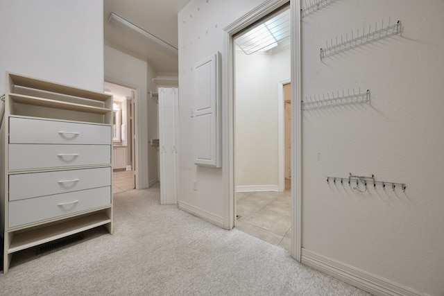 walk in closet with light carpet