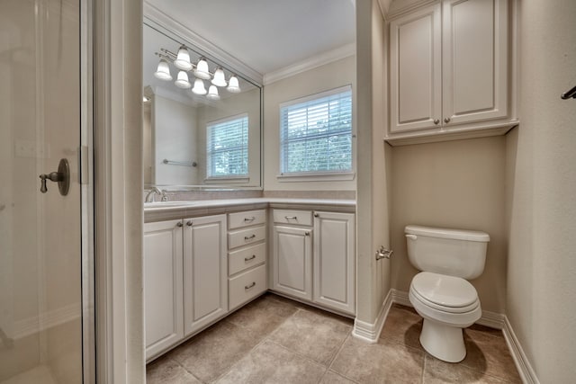 bathroom with vanity, an enclosed shower, tile patterned flooring, toilet, and ornamental molding