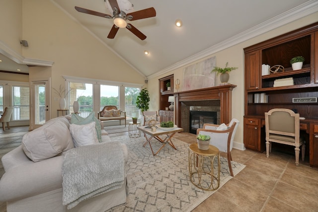 living room with high vaulted ceiling, ceiling fan, light tile patterned floors, and ornamental molding