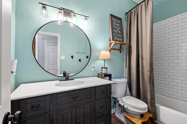 full bathroom featuring vanity, toilet, and shower / bathtub combination with curtain