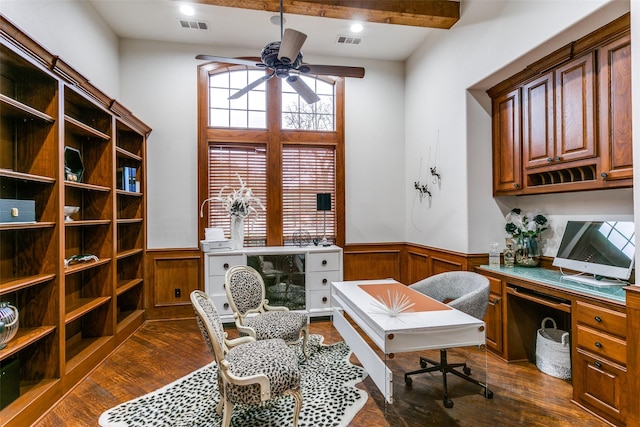 office with dark hardwood / wood-style floors and ceiling fan