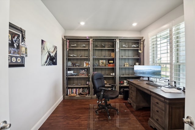 office space featuring dark hardwood / wood-style flooring