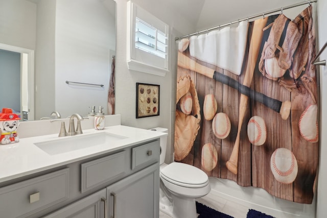 full bathroom with tile patterned flooring, vanity, toilet, and shower / bath combination with curtain