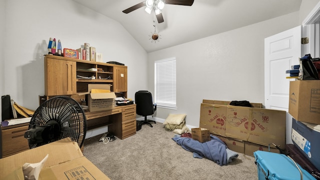 office with lofted ceiling, ceiling fan, and carpet flooring