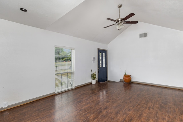 interior space with dark wood-type flooring, ceiling fan, and high vaulted ceiling