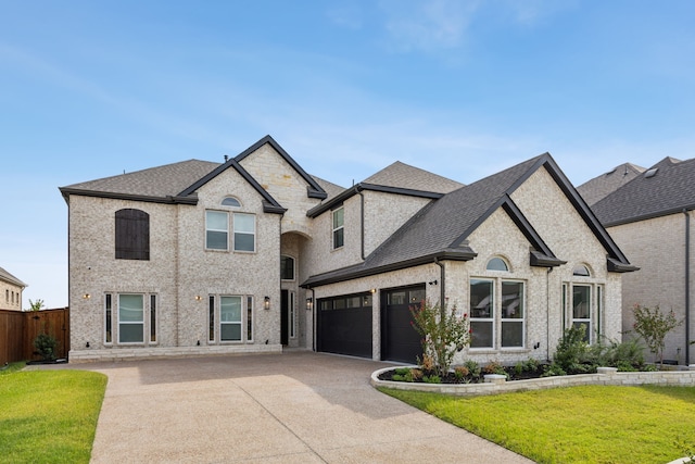 french country style house with a garage and a front lawn