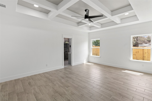 unfurnished room featuring ceiling fan, coffered ceiling, beamed ceiling, and light wood-type flooring