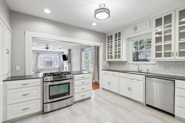 kitchen featuring sink, white cabinetry, decorative backsplash, stainless steel appliances, and ceiling fan