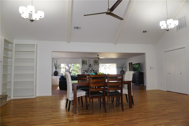 dining space featuring ceiling fan with notable chandelier, lofted ceiling with beams, hardwood / wood-style floors, and built in shelves