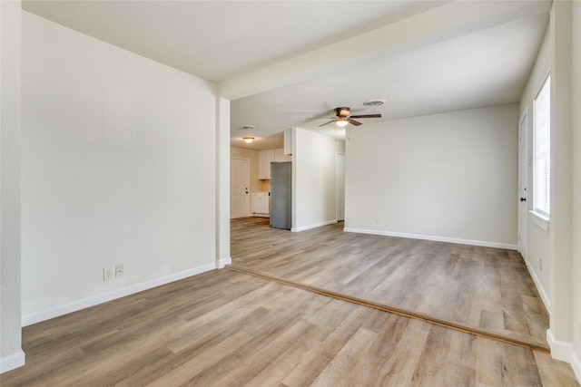 unfurnished living room with ceiling fan and light hardwood / wood-style flooring