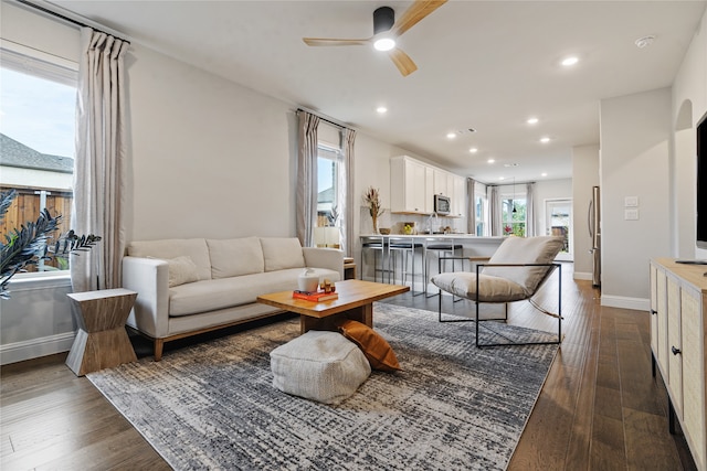 living room featuring ceiling fan and dark hardwood / wood-style floors