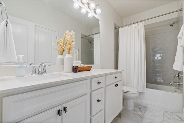 full bathroom featuring toilet, shower / bathtub combination with curtain, and vanity