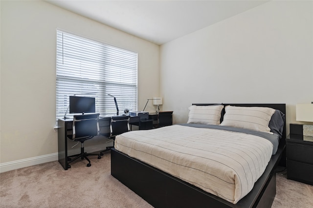 bedroom with multiple windows and light colored carpet