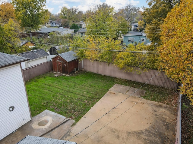 view of yard with a patio and a storage unit