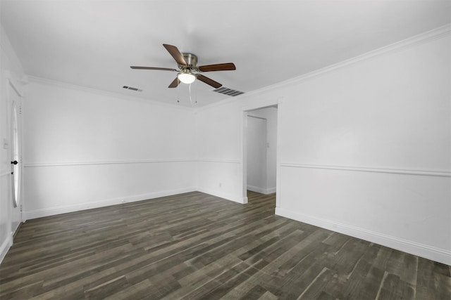 unfurnished room with crown molding, dark hardwood / wood-style floors, and ceiling fan