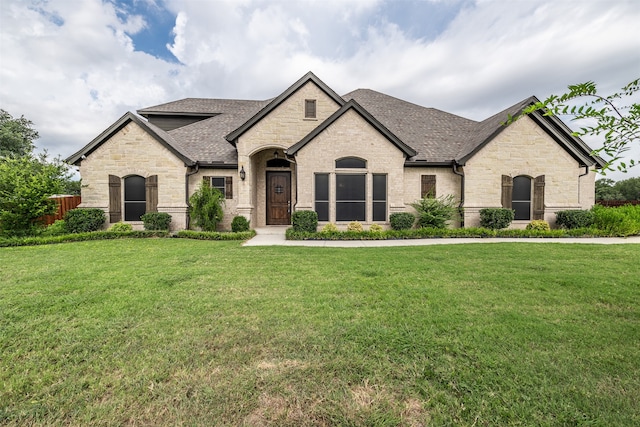 french provincial home with a front lawn