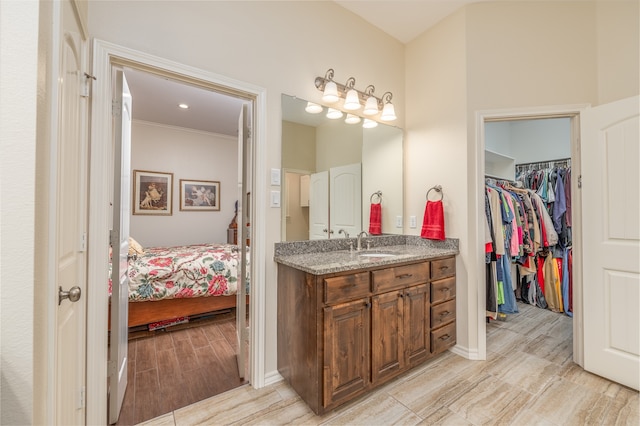 bathroom with crown molding, vanity, and hardwood / wood-style flooring