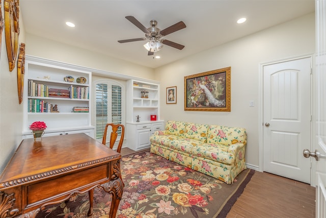 office space with ceiling fan and hardwood / wood-style floors