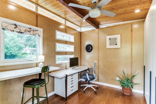 office area featuring ceiling fan, hardwood / wood-style floors, beamed ceiling, and wood ceiling