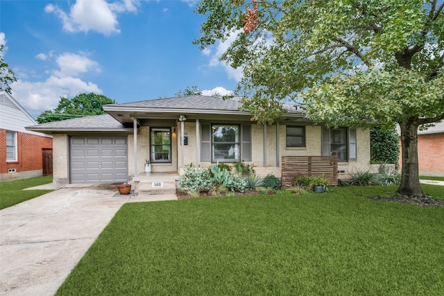 single story home featuring a front yard, a porch, and a garage