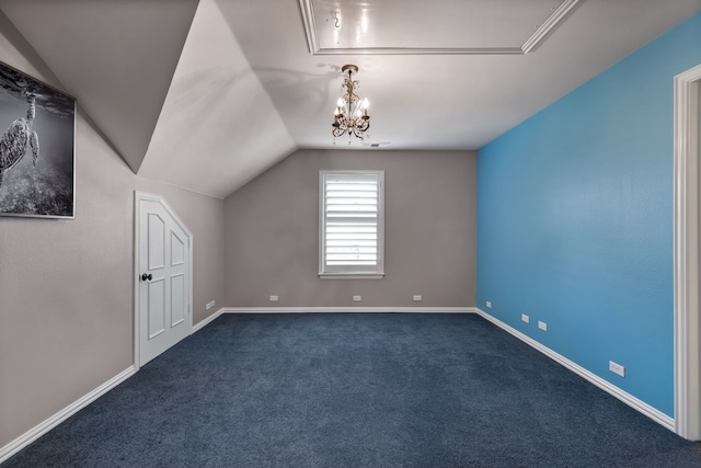 additional living space with lofted ceiling, a notable chandelier, and carpet flooring