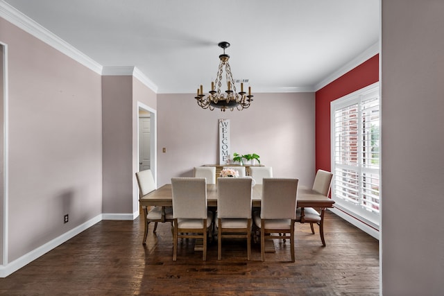 dining area featuring a chandelier, baseboard heating, dark hardwood / wood-style flooring, and crown molding